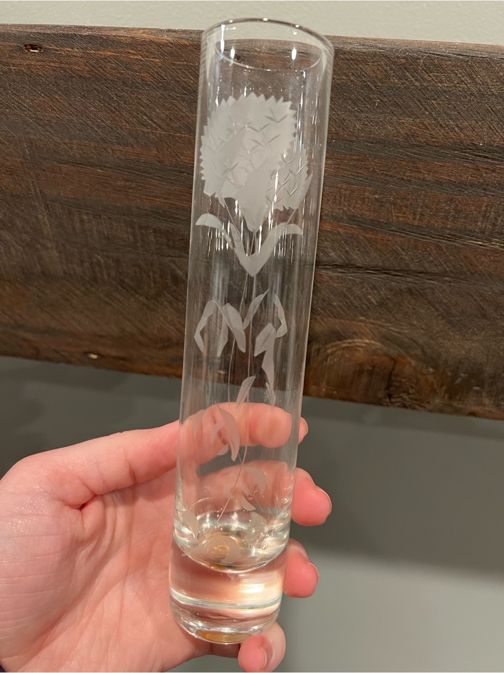 VTG Hand Blown Schmid Flower of the Month Etched 7" Bud Vase  MARCH DAFFODIL